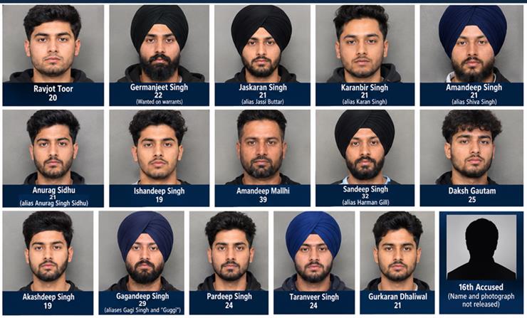 ਕੈਨੇਡਾ ਵਿੱਚ 16 ਪੰਜਾਬੀਆਂ 'ਤੇ 56 ਦੋਸ਼ ਲੱਗੇ ਹਨ, ਜਿਨ੍ਹਾਂ 'ਤੇ ਫਿਰੌਤੀ ਦੀ ਕਾਰਵਾਈ ਕੀਤੀ ਜਾ ਰਹੀ ਹੈ; ਸੰਭਾਵਿਤ ਬਿਸ਼ਨੋਈ ਲਿੰਕਾਂ ਦੀ ਜਾਂਚ ਚੱਲ ਰਹੀ ਹੈ।